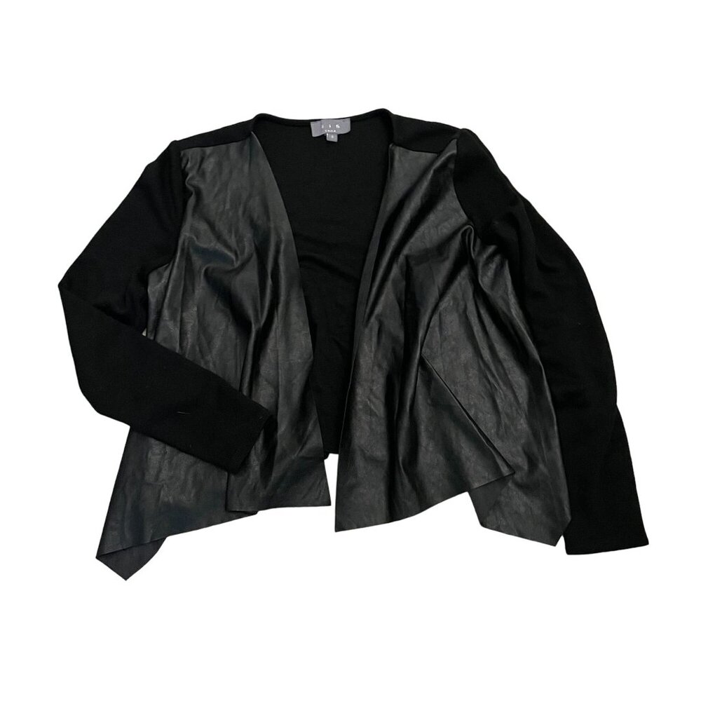 SIB Faux Leather Open Front Jacket Women's Size Small Black Office Casual 70s